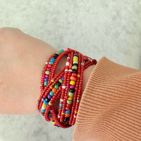 Natasha Red Multi-Color Beaded Memory Wire Cuff Bracelet NWT - Picture 3 of 4
